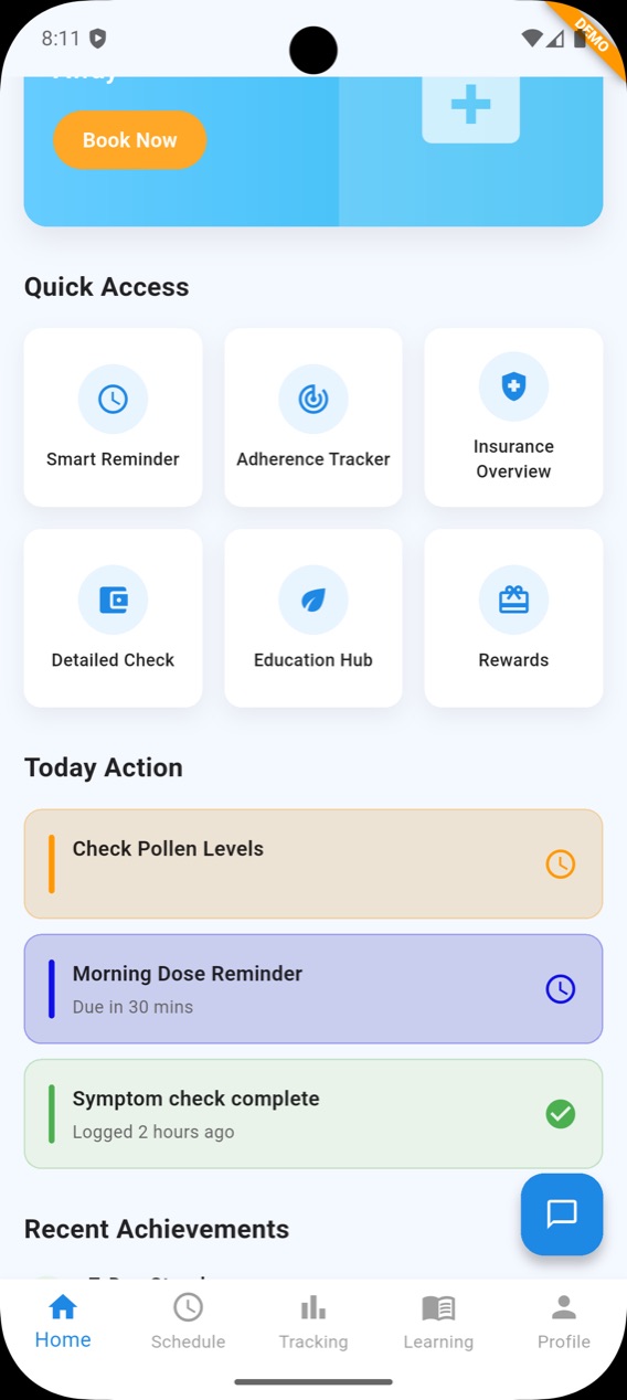 Home screen with quick access tiles and today's actions