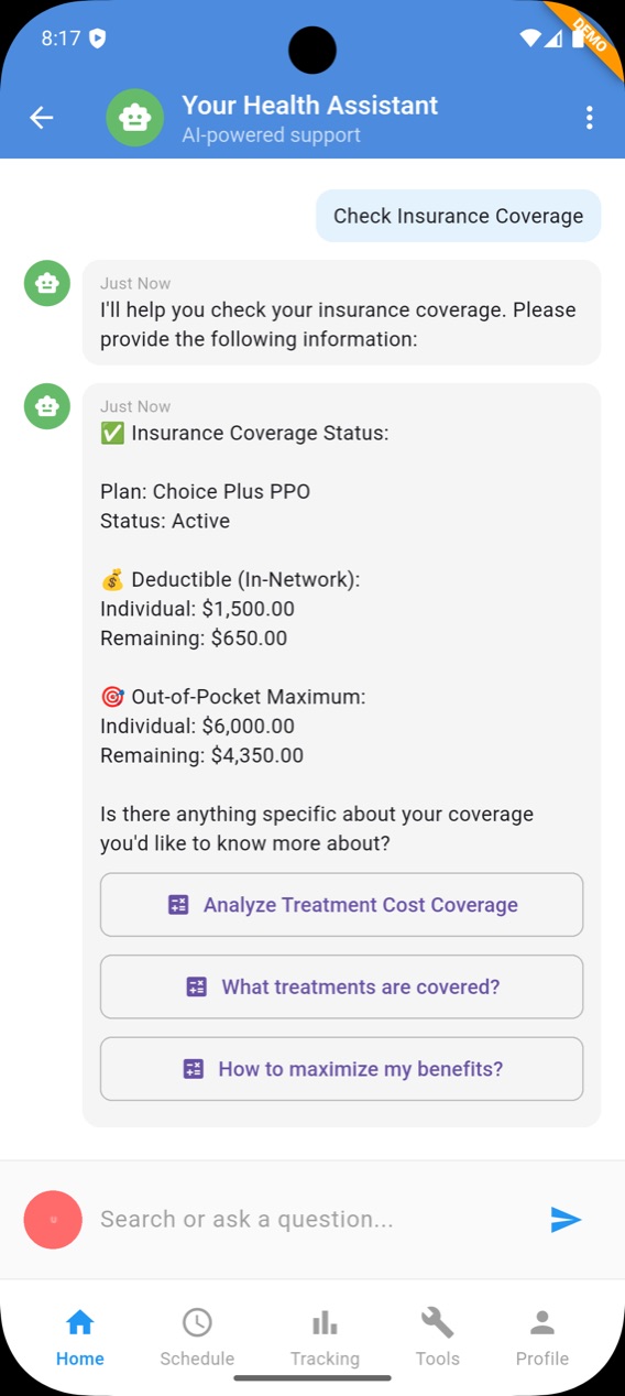 Health assistant chat showing insurance coverage status
