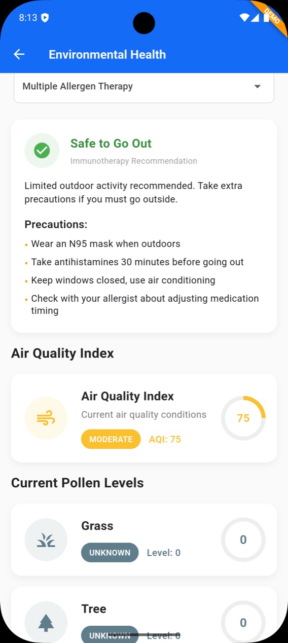 Environmental health screen with air quality and pollen levels