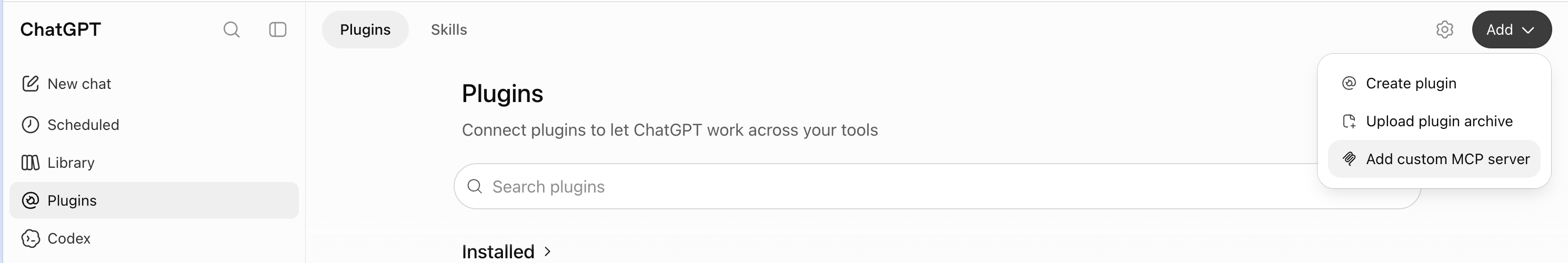 ChatGPT plugins page with the Add Custom MCP Server button