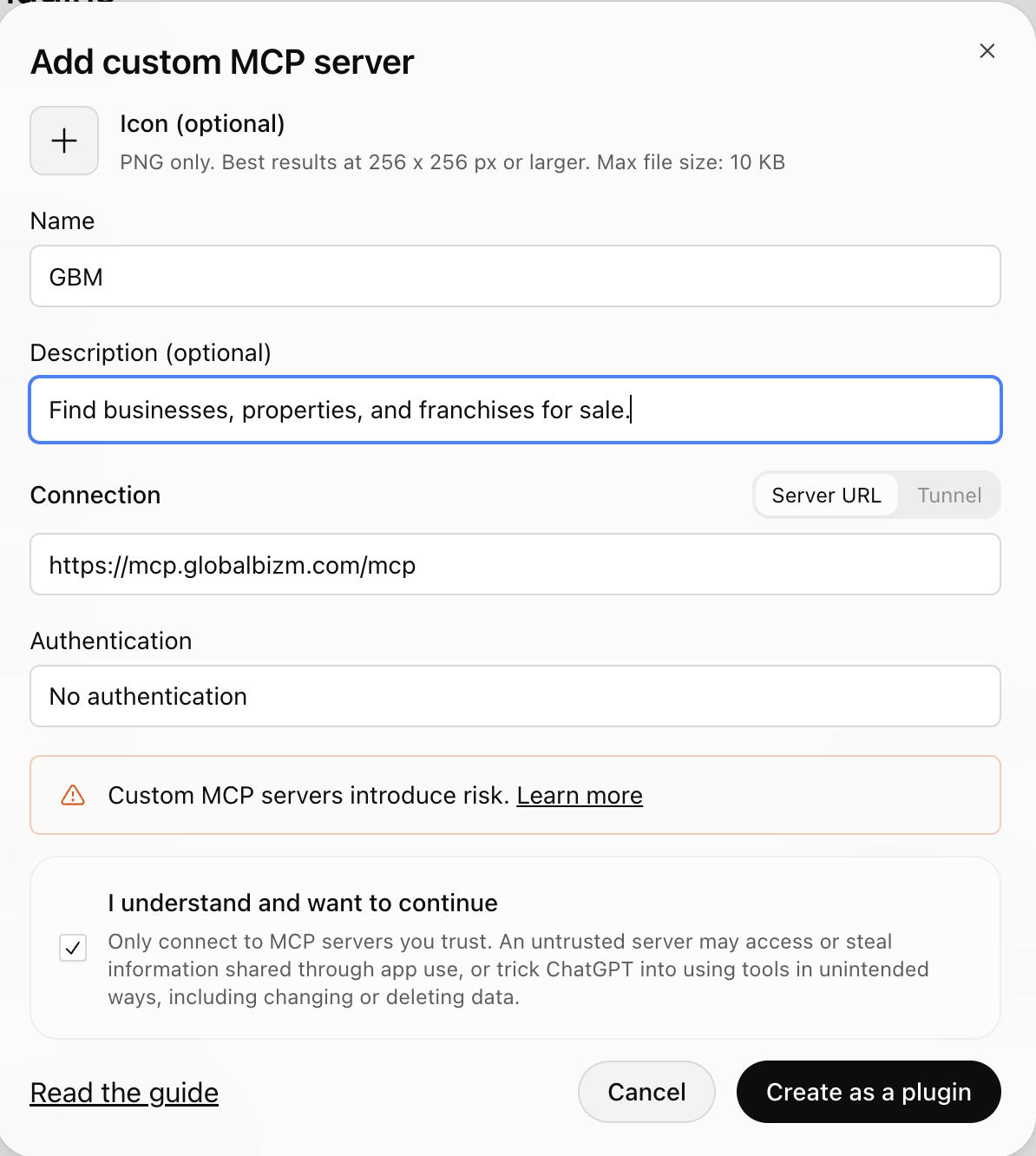 ChatGPT custom MCP server form filled in with GBM details