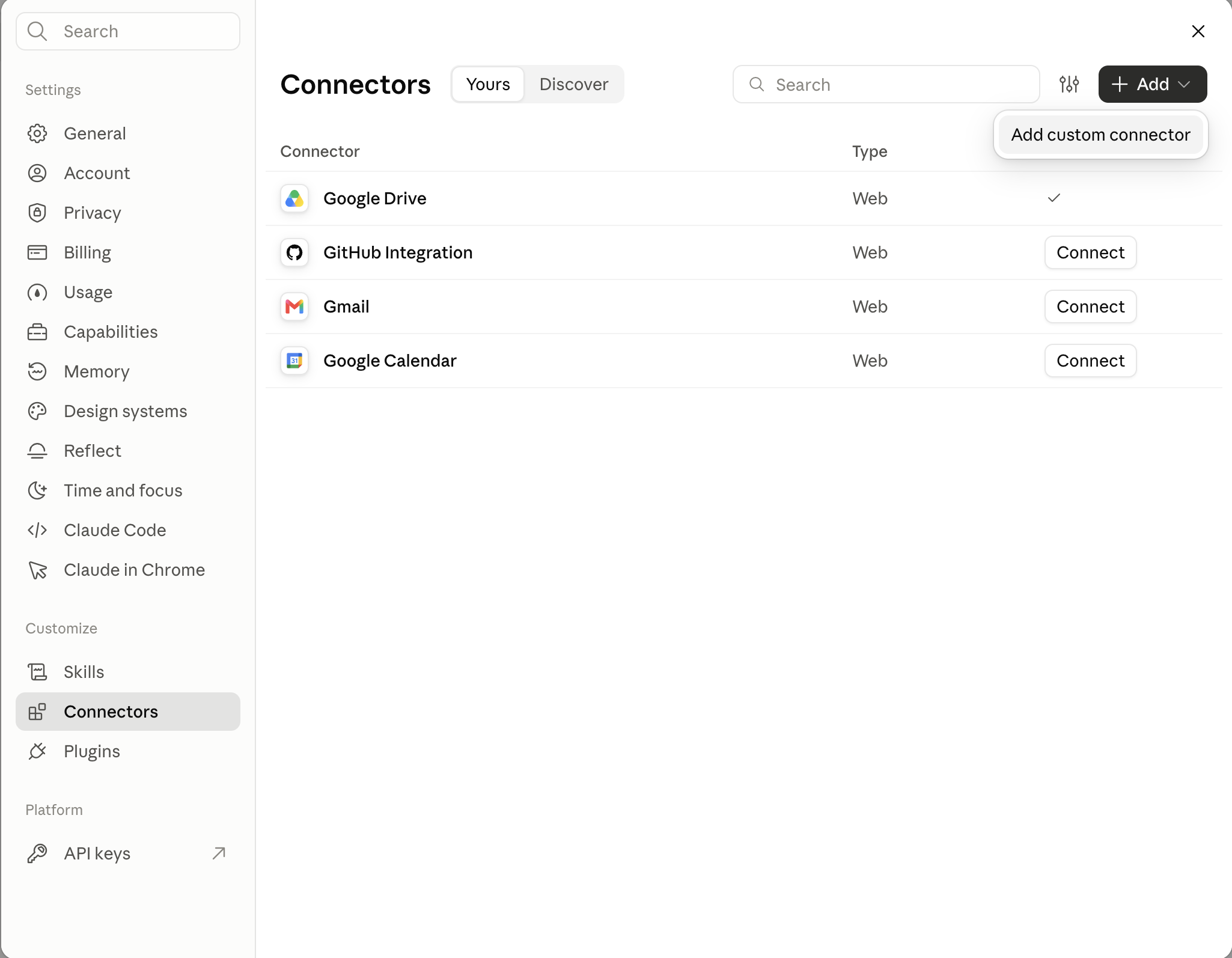 Claude settings with Connectors selected