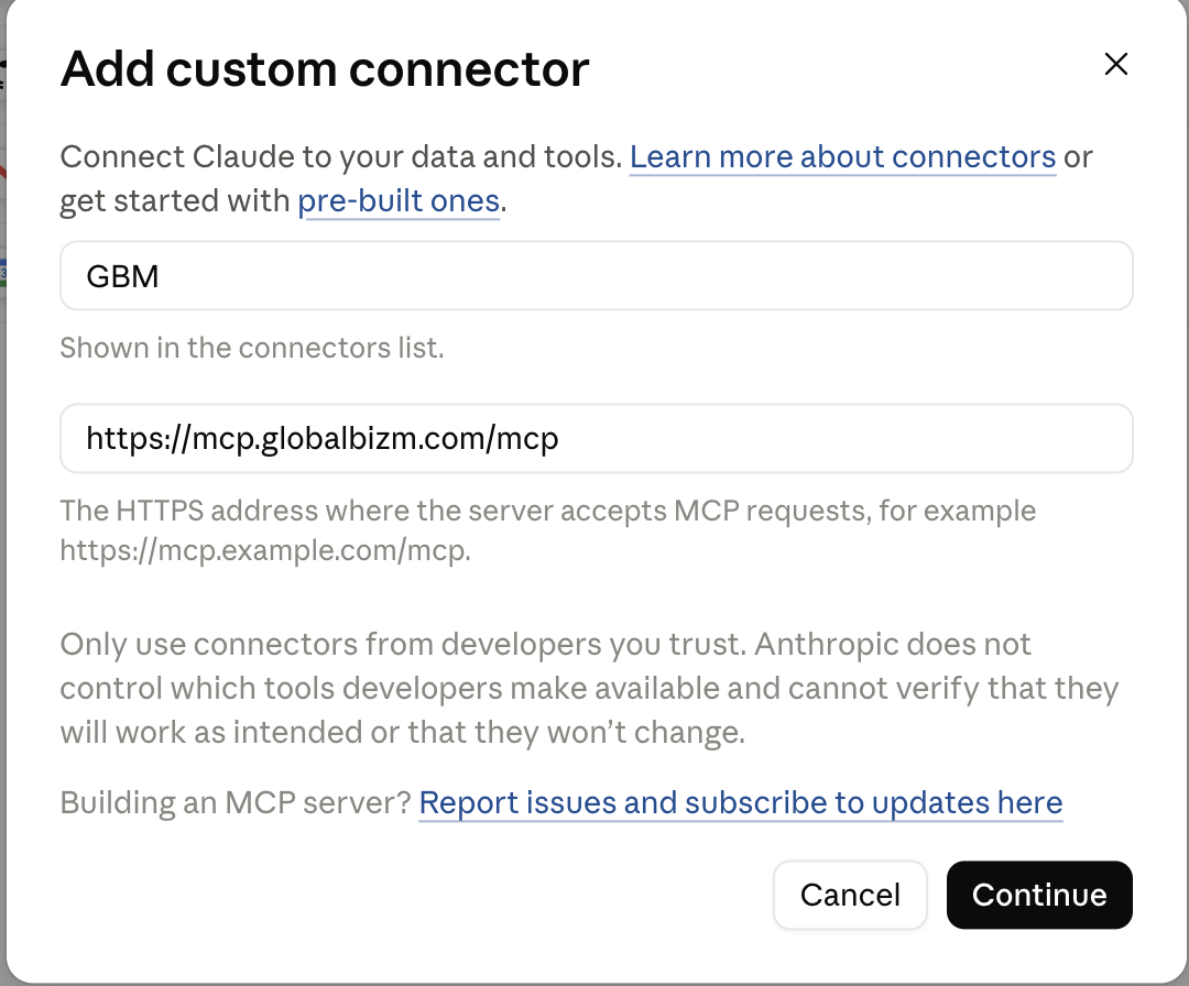 Claude add custom connector dialog with GBM name and URL