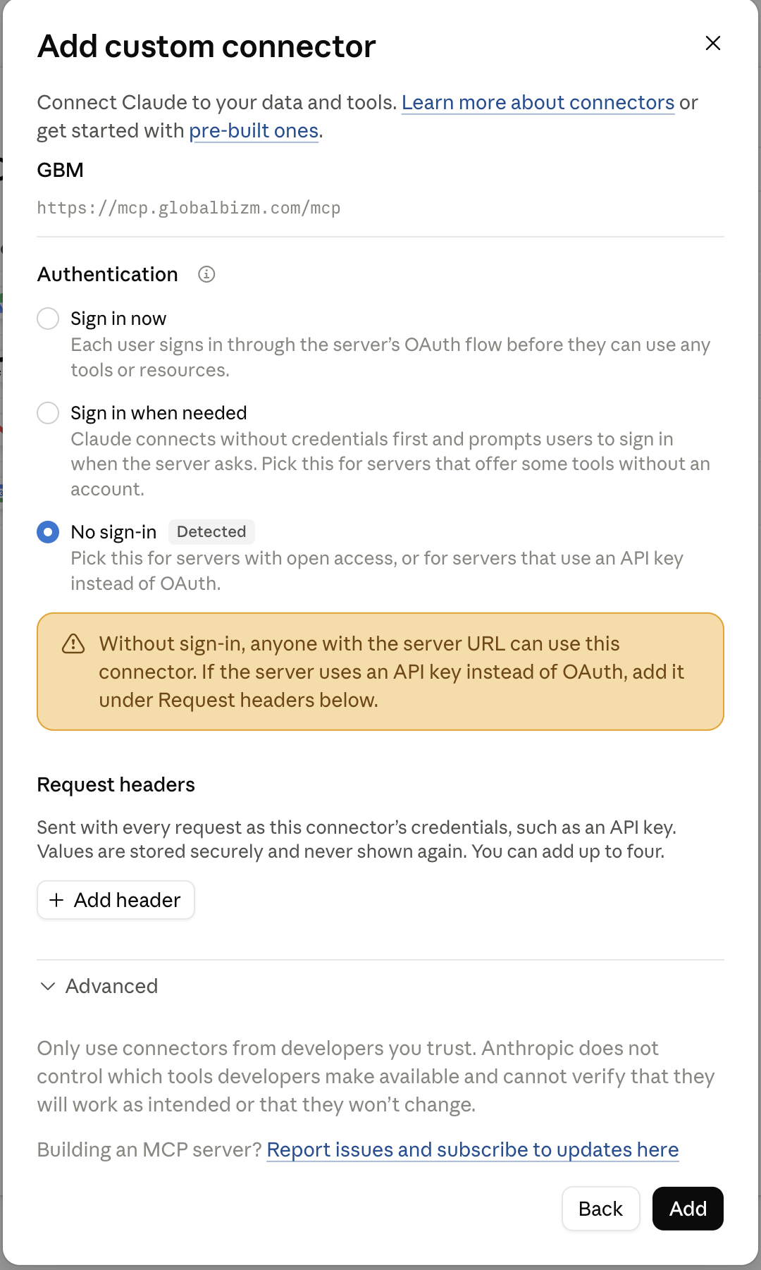 Claude connector confirmation dialog