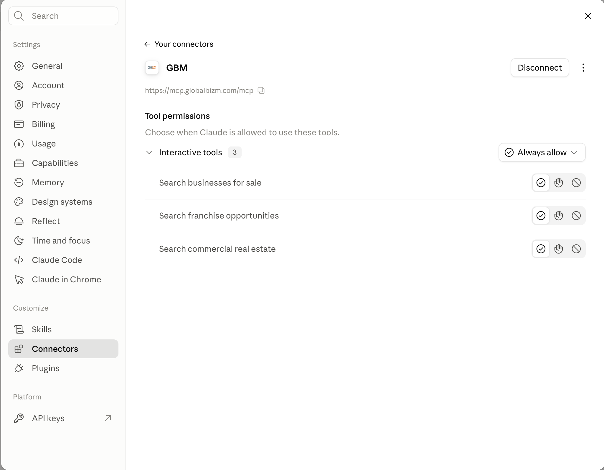 Claude GBM tool permissions set to always allow
