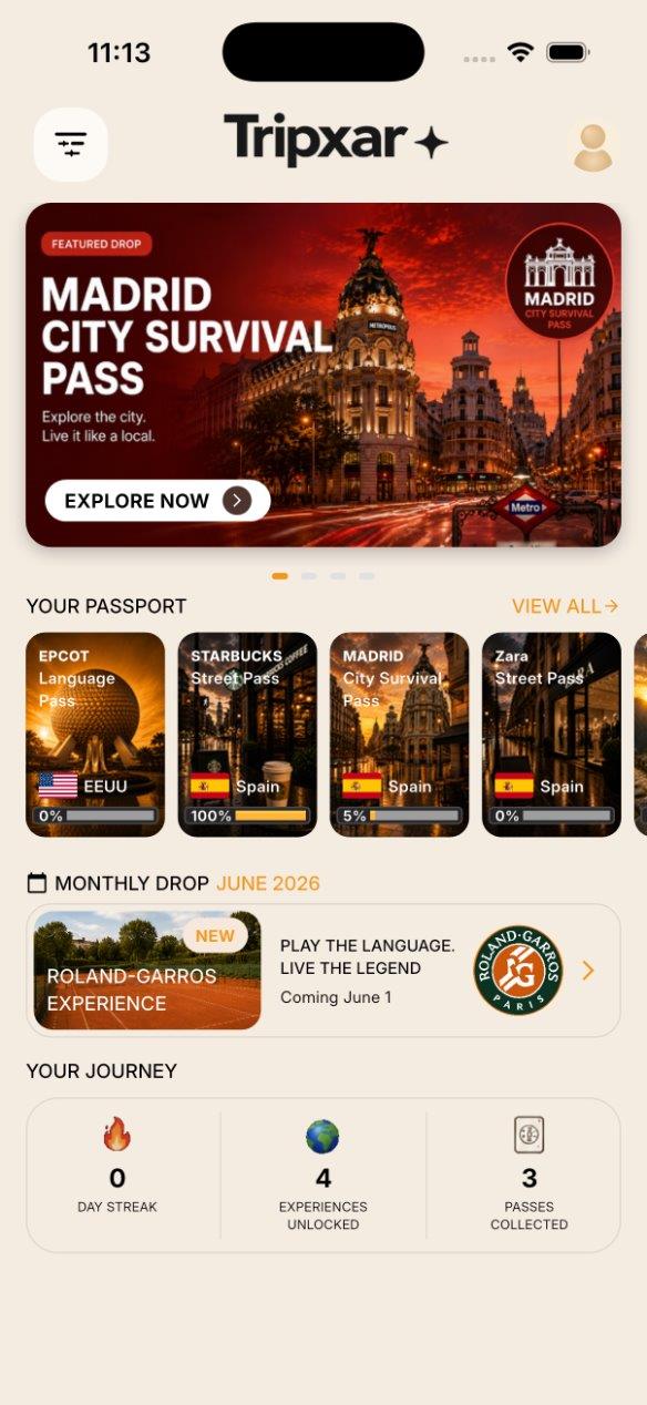 Tripxar home screen with city pass, passport and journey progress