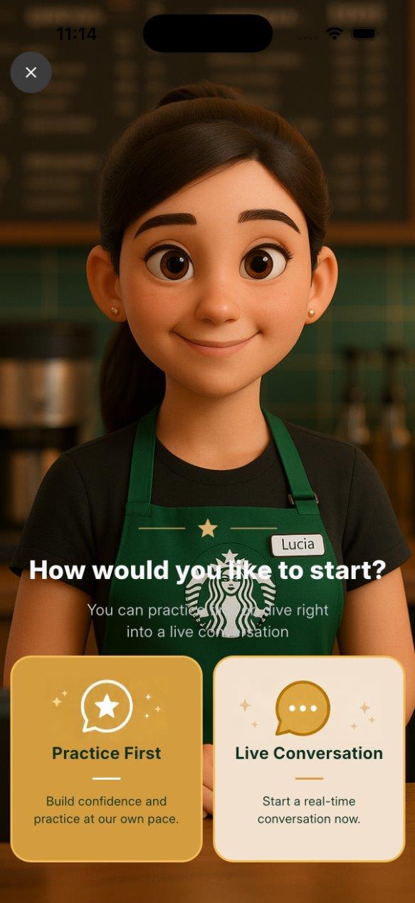 AI persona offering Practice First or Live Conversation